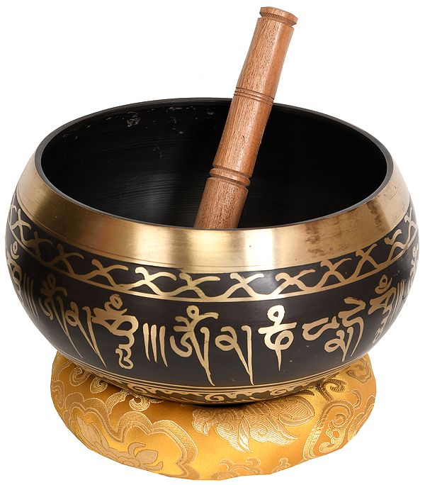 Tibetan Buddhist Singing Bowl with Five Dhyani Buddhas and Auspicious Symbols Inside
