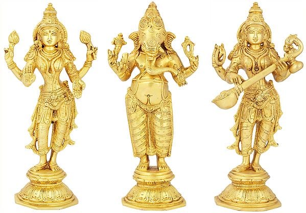 Lakshmi Ganesha and Saraswati Brass Sculpture (Set of Three Statues)