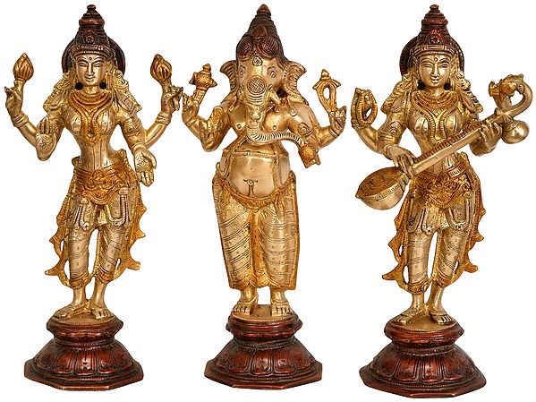 Lakshmi Ganesha and Saraswati Brass Sculpture (Set of Three Statues)