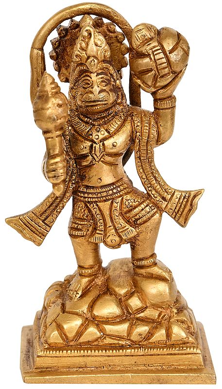 3" Small Brass Lord Hanuman Idol with Sanjeevani Herbs | Handmade | Made In India