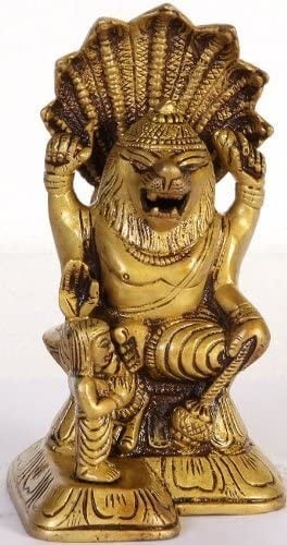 5" Small Lord Vishnu as Narasimha with Prahlada In Brass