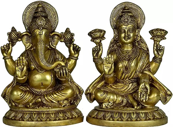 8" Lakshmi Ganesha Brass Sculpture | Handmade | Made in India