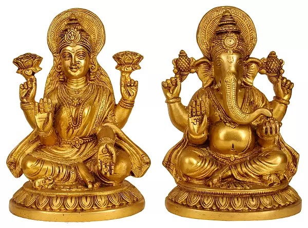 8" Lakshmi Ganesha Brass Sculpture | Handmade | Made in India