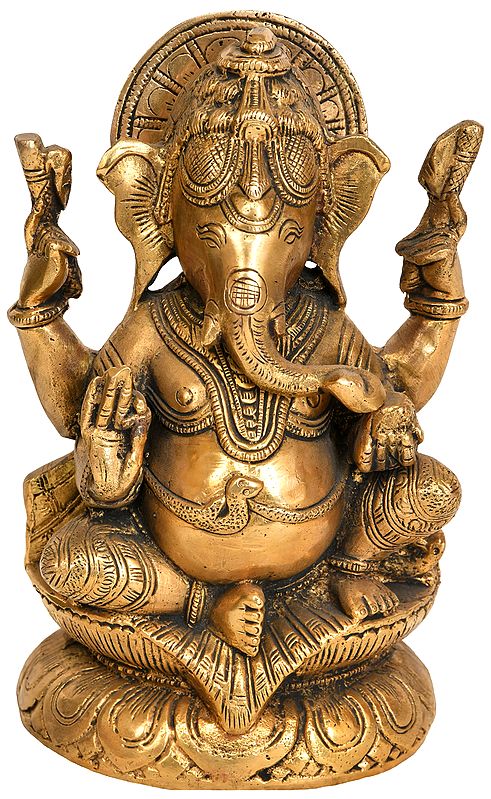 7" Four-Armed Ganesha Seated in Royal Ease Posture In Brass | Handmade | Made In India