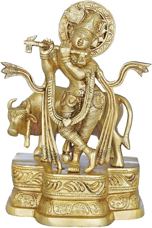 9" Brass Statue of Fluting Krishna with His Cow