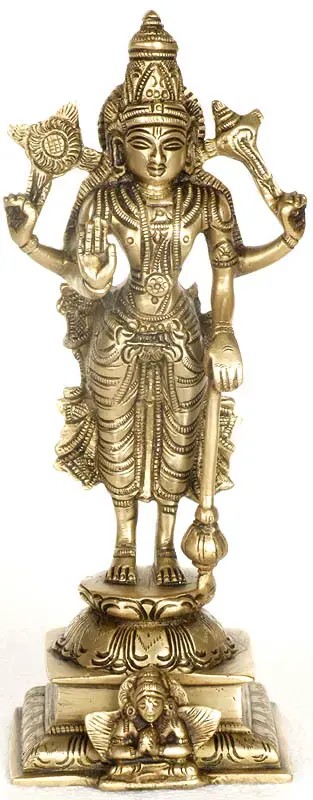 9" Brass Lord Vishnu Idol Standing on Garuda Pedestal | Handmade | Made in India