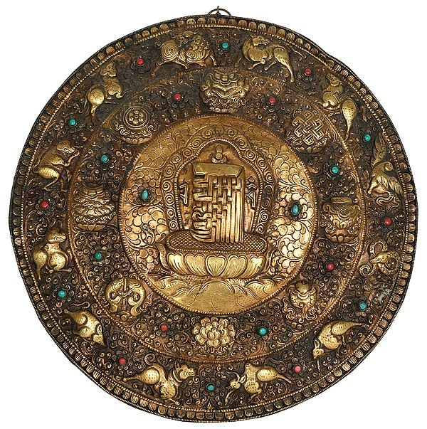 The Ten Syllables of the Kalachakra Mantra Wall Hanging Plate with Ashtamangala Symbols and Animals of Tibetan Astrological Calendar (Made in Nepal)