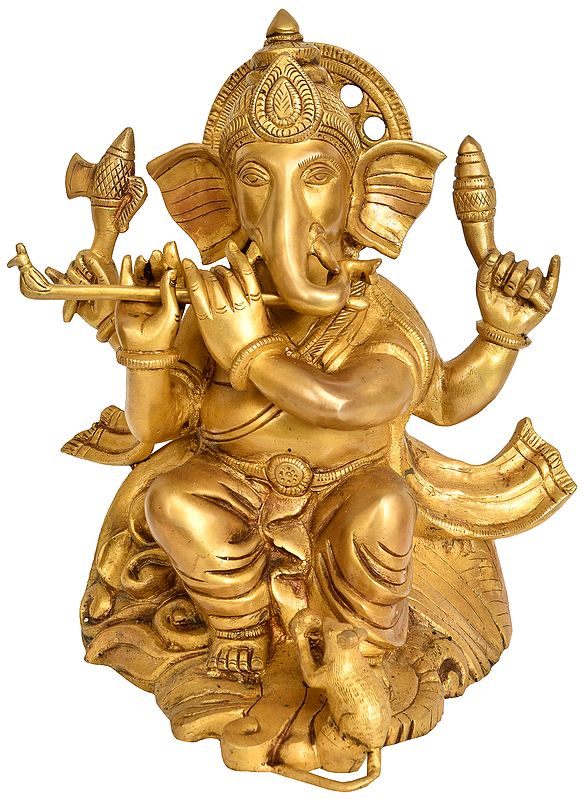 12" Lord Ganesha Playing Flute In Brass | Handmade | Made In India