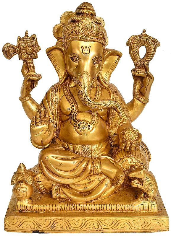 12" Chaturbhuja Ganesha In Brass | Handmade | Made In India