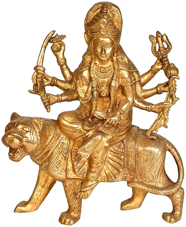 8" Goddess Durga Seated on Her Mount Lion In Brass | Handmade | Made In India
