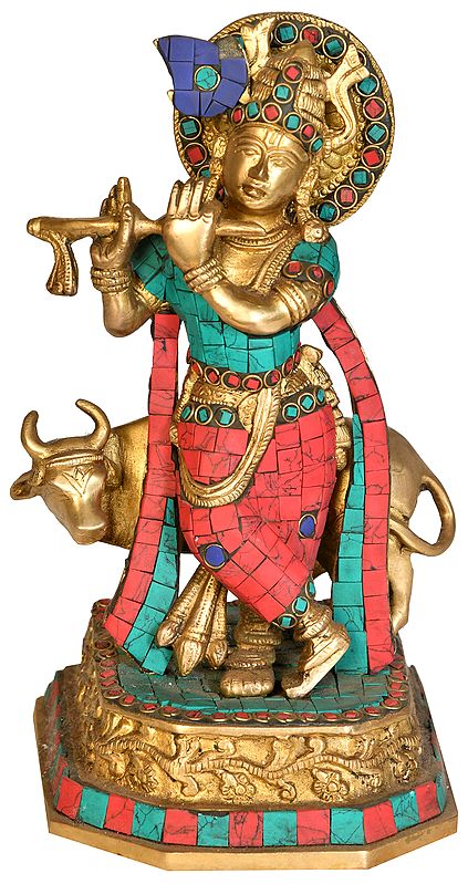9" Krishna With Cow In Brass | Handmade | Made In India