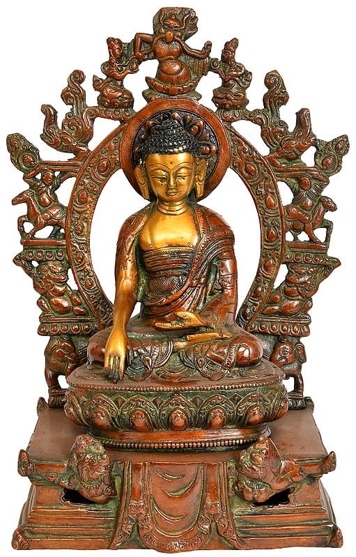 10" Lord Buddha Seated on Six-Ornament Throne of Enlightenment In Brass | Handmade | Made In India