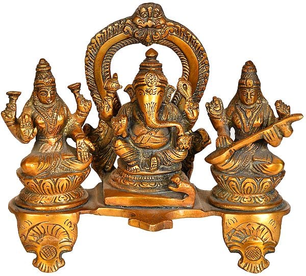 6" Lakshmi Ganesha and Saraswati Statue in Brass | Handmade | Made in India