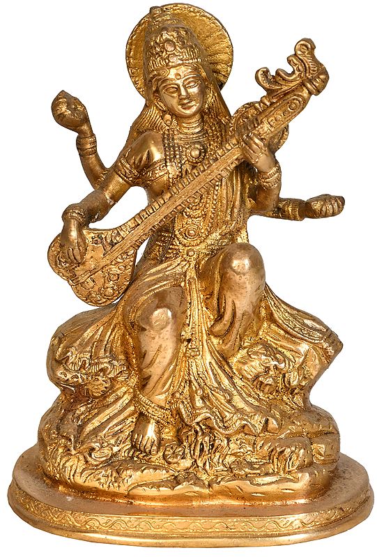 7" Veena-Vadini Saraswati Brass Sculpture | Handmade | Made in India