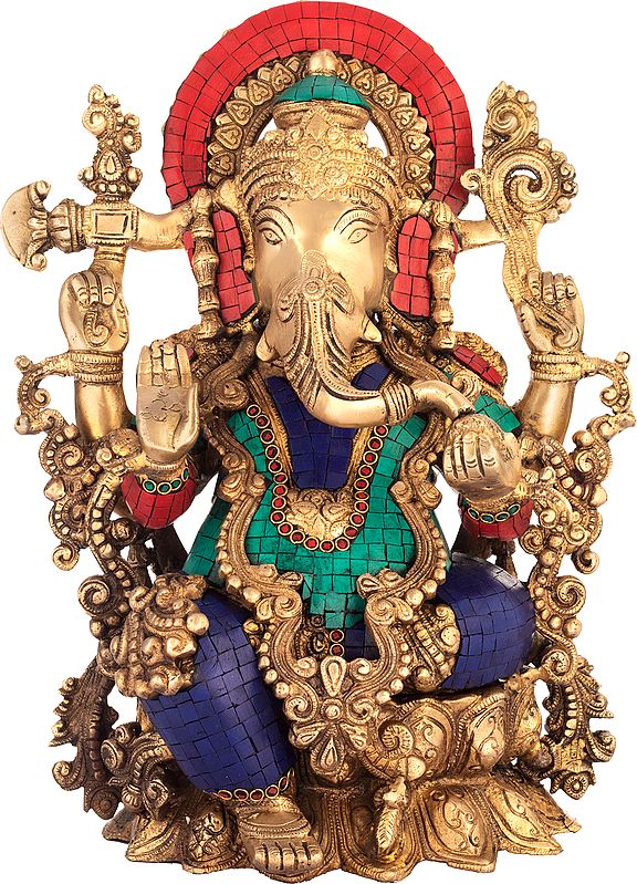 15" Seated Ganesha, Exquisitely Adorned In Brass | Handmade | Made In India