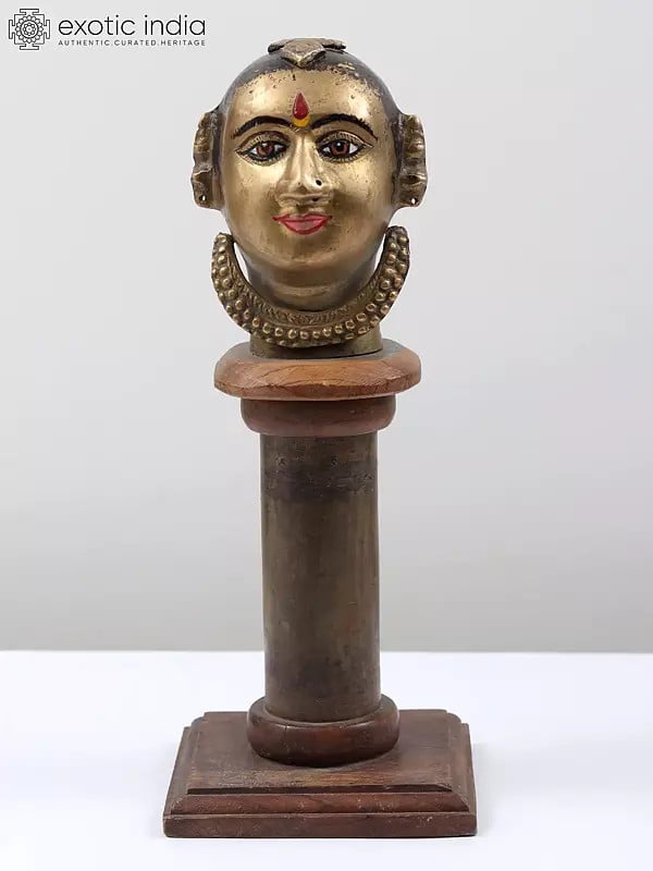 11" Brass Gauri Head on Wooden Pedestal