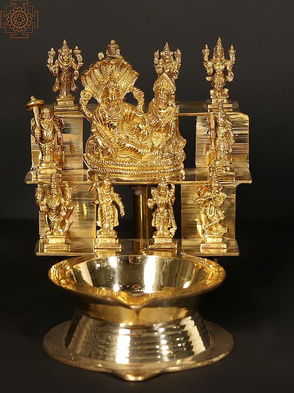 12" Brass Dashavatara Lamp with Vishnu Lakshmi at Center