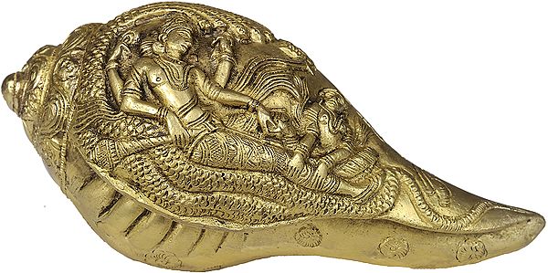 8" Conch with Lord Vishnu and Lakshmi Ji in Brass | Handmade | Made in India
