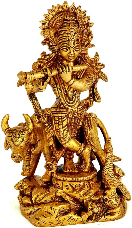 5" Gopala Krishna Statue with Cow in Brass | Handmade | Made in India