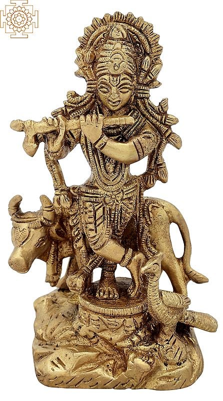 5" Gopala Krishna Statue with Cow in Brass | Handmade | Made in India