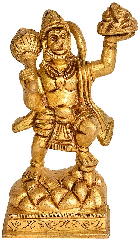 4" Lord Hanuman Holding the Mountain of Herbs In Brass | Handmade | Made In India