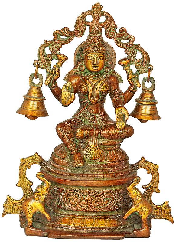 8" Goddess Lakshmi Seated on High Pedestal with Hanging Bells In Brass | Handmade | Made In India
