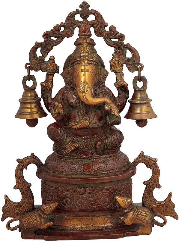 8" Lord Ganesha Seated on High Pedestal with Hanging Bells Aureole in Brass | Handmade | Made in India