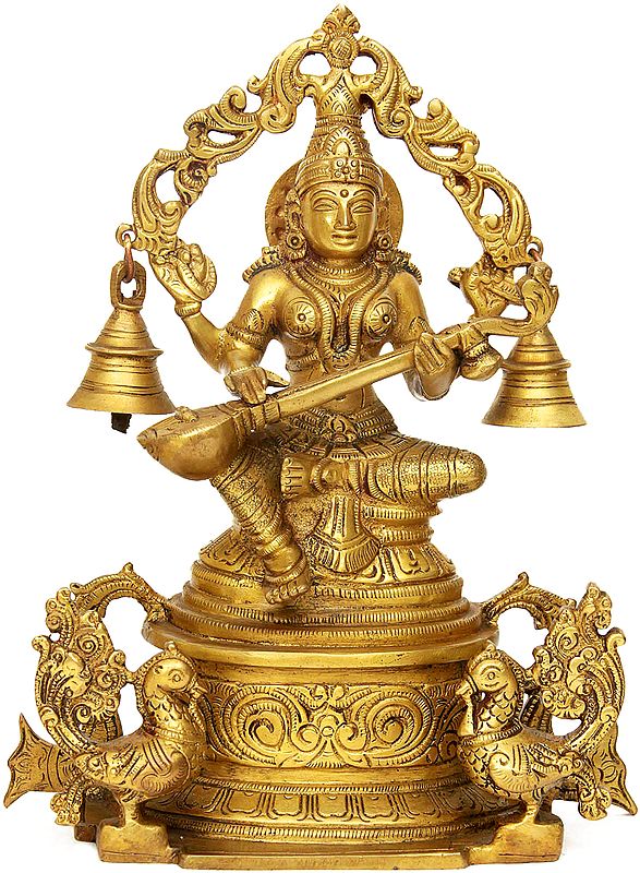 8" Goddess Saraswati Seated on High Pedestal with Hanging Bells In Brass | Handmade | Made In India