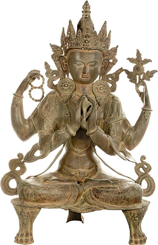 38" Large Size Chenrezig (Shadakshari Lokeshvara Tibetan Buddhist Deity) In Brass | Handmade | Made In India