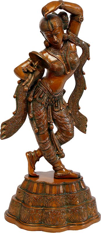 Khajuraho-Inspired Brass Sculpture: Young Woman Applying Vermilion, 24 Inches