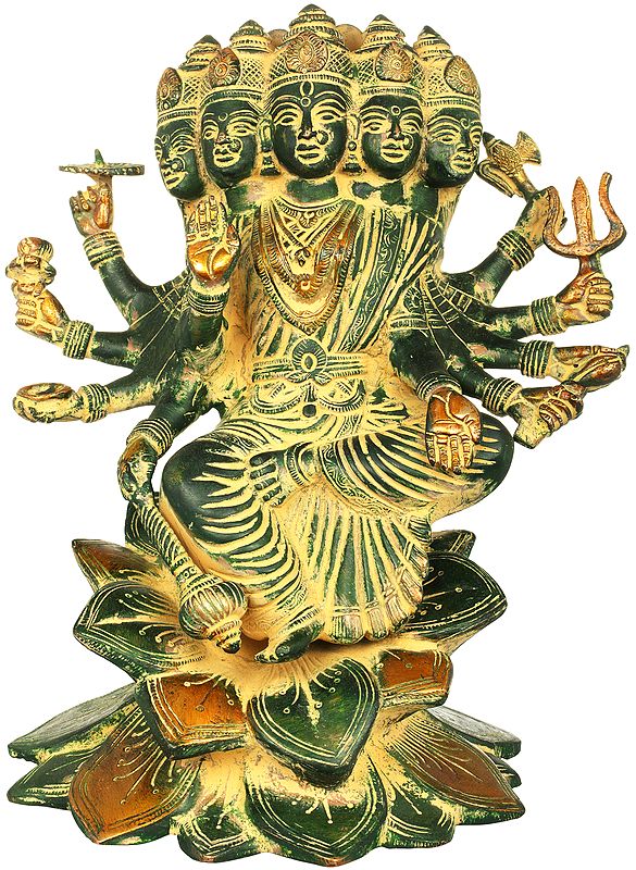9" Devi Gayatri Idol on Blooming Lotuses | Handmade Brass Statues | Made in India