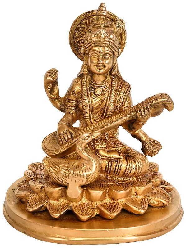 5" Goddess Saraswati Idol Seated on Lotus in Brass | Handmade | Made in India