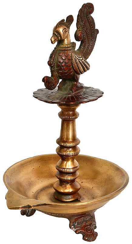 9" Peacock Large Wick Ritual Lamp in Brass | Handmade | Made in India