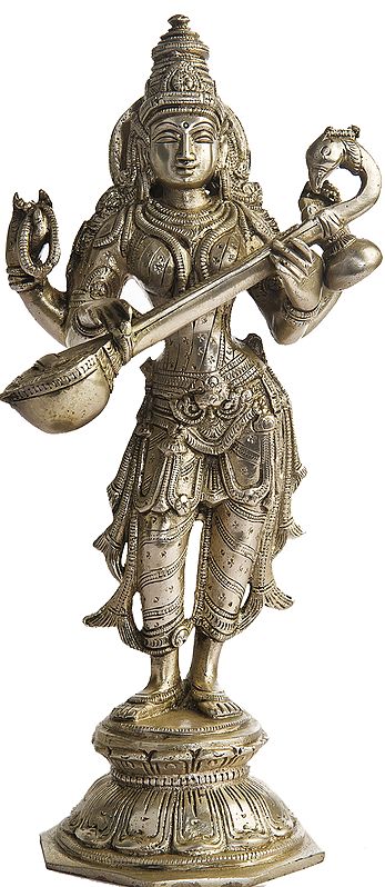 10" Standing Saraswati In Brass | Handmade | Made In India