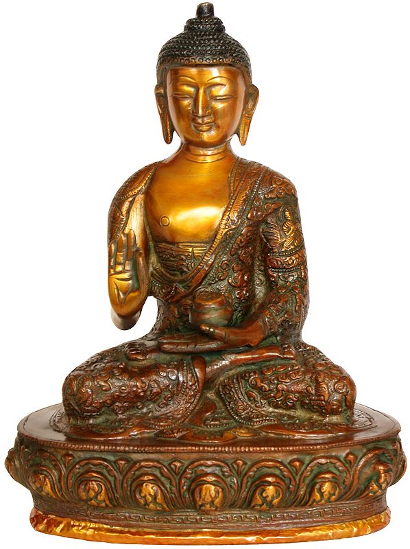 9" Shakyamuni Buddha Preaching His Dharma (Robes Decorated with the Scenes from His Life) In Brass | Handmade | Made In India