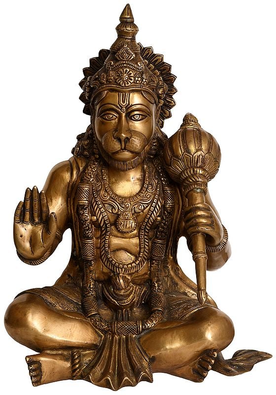 17" Hanuman in Yogasana and Abhaya Granting Mudra In Brass | Handmade | Made In India