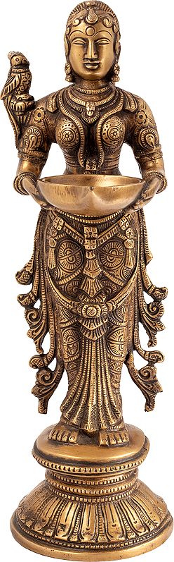 12" Deeplakshmi with Parrot on Shoulder In Brass | Handmade | Made In India