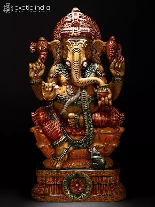Four Armed Seated Ganesha Wooden Sculpture | South Indian Temple Wood Carving