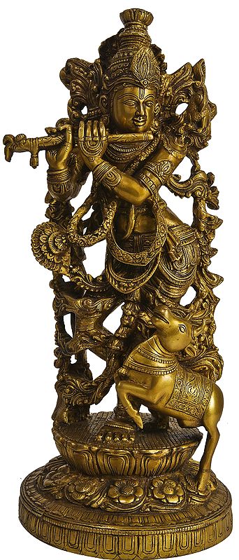 17" Lord Krishna with His Cow In Brass | Handmade | Made In India