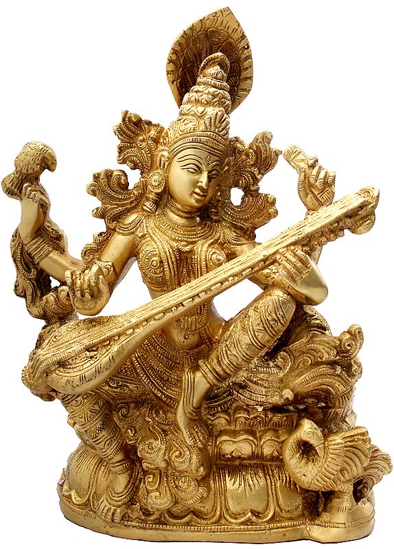 11" Veena-Vadini Kamalasana Saraswati In Brass | Handmade | Made In India