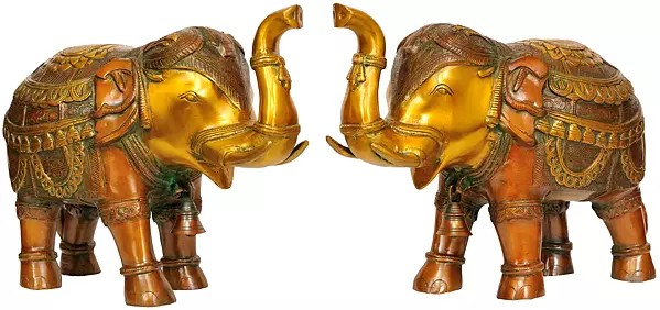 Temple Elephant Pair with Bells and Upraised Trunks (Supremely Auspicious According to Vastu)