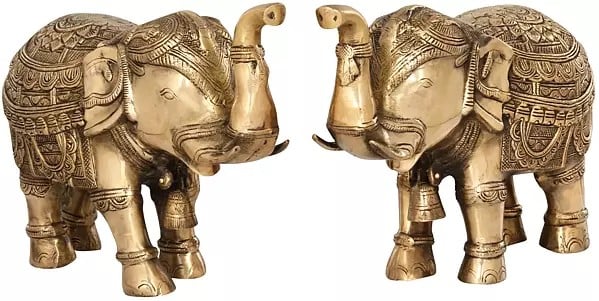 Temple Elephant Pair with Bells and Upraised Trunks (Supremely Auspicious According to Vastu)