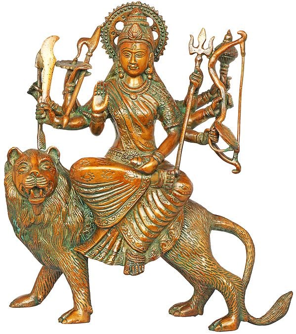 11" Mother Goddess Durga Seated on Her Lion In Brass | Handmade | Made In India