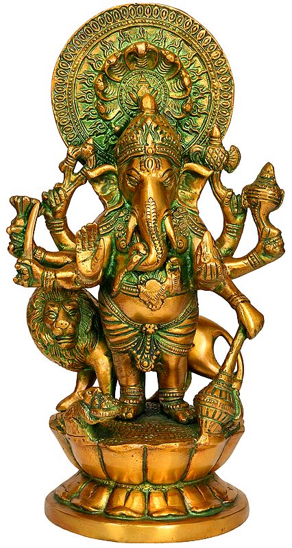 11" Brass Eight Armed Ganesha Idol with Lion and Snake Aureole | Handmade | Made in India