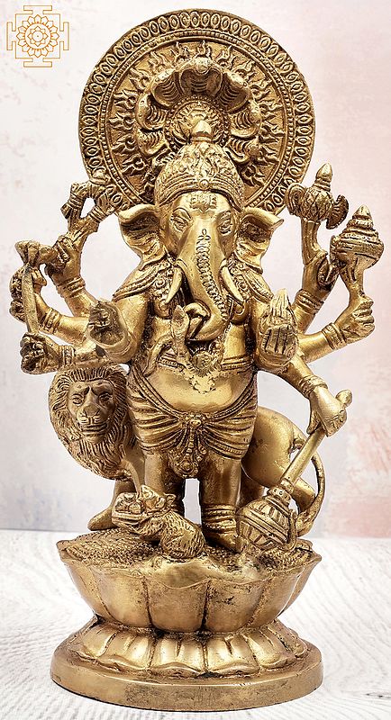 11" Brass Eight Armed Ganesha Idol with Lion and Snake Aureole | Handmade | Made in India