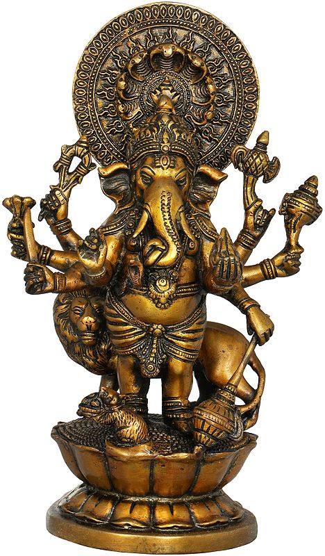 11" Brass Eight Armed Ganesha Idol with Lion and Snake Aureole | Handmade | Made in India