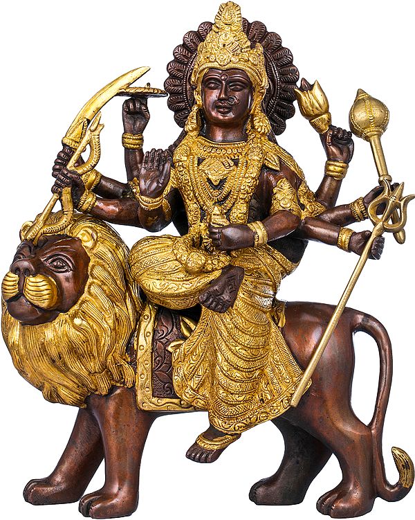 13" Mother Goddess Durga Seated on Lion In Brass | Handmade | Made In India