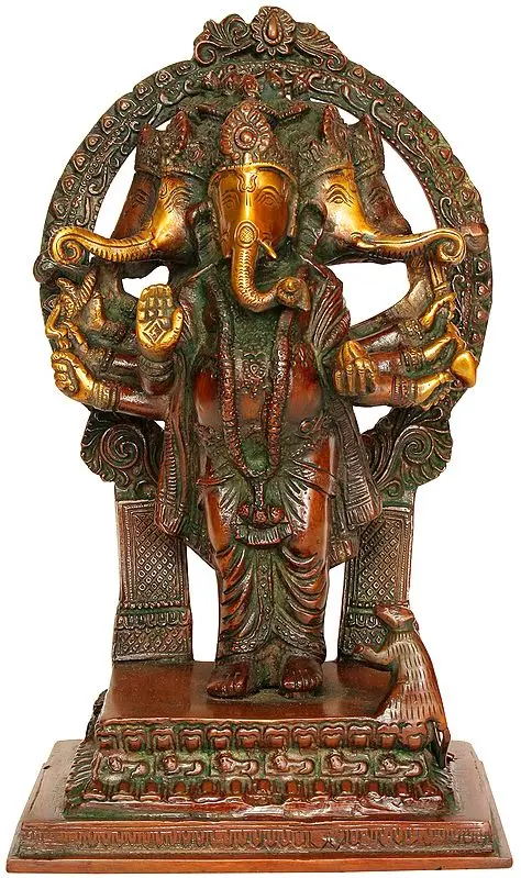 Five-headed Ten-Armed Standing Ganesha Brass Statue