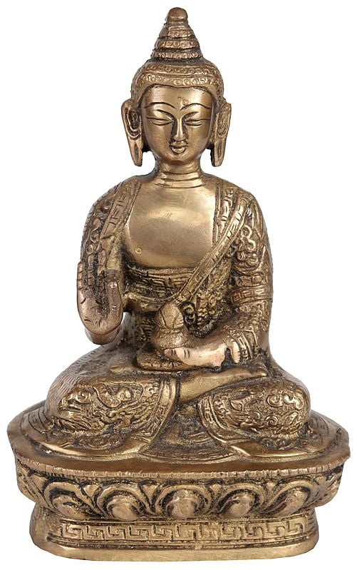 6" Brass Shakyamuni Buddha Statue - Robes Decorated with Auspicious Symbols