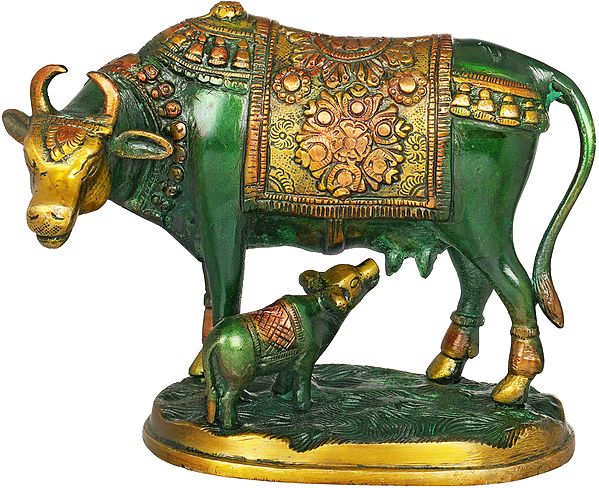 7" Cow and Calf (In Golden and Brown Hues) In Brass | Handmade | Made In India
